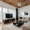 Panorama of elegant designed living room with window wall big television screen and wooden elements