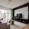 Panorama of elegant designed living room with window wall big television screen and wooden elements