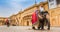 Panorama of elephants at the Amber Fort in Jaipur