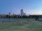 Panorama of the evening metropolis. Skyscrapers and modern buildings. Park zone.