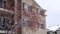 Panorama Exterior of apartments with snowy roofs under overcast sky during winter season