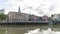 Panorama exterior view at the iconic Bilbao City Hall, Bilbao downtown city, Nervion river and river banks and buildings