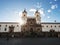 Panorama facade view of historic old white roman catholic Church Convent of San Francisco St Francis in Quito Ecuador