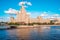 Panorama of the famous high-rise building in Moscow against the blue sky in embankment,