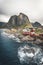 Panorama of famous tourist attraction Hamnoy fishing village on Lofoten Islands near Reine, Norway with red rorbu houses