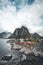 Panorama of famous tourist attraction Hamnoy fishing village on Lofoten Islands near Reine, Norway with red rorbu houses