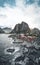 Panorama of famous tourist attraction Hamnoy fishing village on Lofoten Islands near Reine, Norway with red rorbu houses