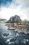 Panorama of famous tourist attraction Hamnoy fishing village on Lofoten Islands near Reine, Norway with red rorbu houses