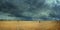 Panorama farm autumn field with dramatic sky