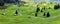 Panorama of farming pasture with old wooden barns and curvy path in Grindelwald