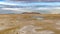 Panorama Footprints of a man and dog imprinted on the brown sandy shore of a lake