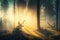 panorama of forest with misty morning sunrise, presenting a magical and mystical view