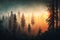 panorama of forest with misty morning sunrise, presenting a magical and mystical view