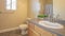 Panorama frame Bathroom interior with close up of sink cabinet and mirror beside the toilet