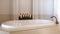 Panorama frame Bathroom interior with close up view of a gleaming oval shaped built in bathtub