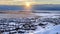 Panorama frame Beautiful sunrise in Draper Utah with snowy hills lake and houses in winter