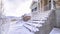 Panorama frame Cement steps covered in thick fresh winter snow