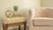 Panorama frame Cozy chair and wooden side table inside a room with white wall and carpet floor