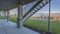 Panorama frame Home porch under a wooden brown ceiling supported by rectangular pillars