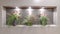 Panorama frame Three flower arrangements in a wall alcove