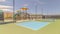 Panorama frame Two empty outdoor pickleball courts on sunny day