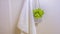 Panorama frame White towel and ornamental plant hanging on a wall rod inside a bathroom