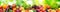 Panorama of fresh vegetables and fruits on blurred background of