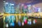Panorama front views of the river Singapore financial district and business building at night, Singapore City