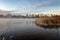 Panorama of frosty morning on the lake with fog, Russia, Ural, November