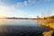 Panorama of frosty morning on the lake with fog, Russia, Ural, November