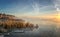 Panorama of frosty morning on the lake with fog, Russia, Ural, November