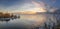 Panorama of frosty morning on the lake with fog, Russia, Ural, November