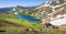 Panorama of Gardner Lake, Beartooth Pass. Peaks of Beartooth Mountains, Shoshone National Forest, Wyoming, USA.