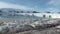 Panorama glacier on border with ocean. Arctic.