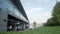 Panorama of a glass bridge with floating ships under it