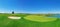 Panorama golf course lush grass. On the lake.