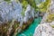 Panorama of the Grand Canyon of Soca River. In the Triglav National Park near Bovec, Gorizia, Slovenia, Europe