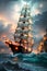 The Panorama of Grand Sailing Ships Making Their Way through a Stormy Sky at Sunset. AI generated