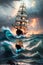 The Panorama of Grand Waves, Stormy Seas, Lightning, and a Sunset on the Ocean as Sailing Ships Voyage. AI generated