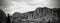Panorama gray scale shot of the beautiful mountains captured in Noravank, Armenia