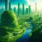 Panorama of the green eco-friendly city of the future. Greening the planet, preserving plants