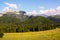 Panorama from green high tatra beskids mountains with lake and waterfalls