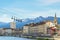 Panorama of Grenoble city, cable car and French Alps on the background, Rhone-Alpes region, France.