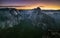 Panorama with Half Dome and Yosemite Valley and morning mist on walleys and hills during morning in Yosemite National Park