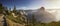 Panorama with Half Dome and Yosemite Valley and morning mist on walleys and hills during morning in Yosemite National Park