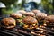 Panorama of hamburgers cooking on a grill outside