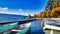 Panorama of harbor boats on lake annecy France