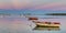 Panorama harbor with fishing boats on pink sunset.