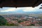 Panorama of the historic city center from the balcony of the medieval fortress Rasnov, Romania. City landscape