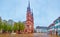 Panorama of historic Munsterplatz Minster Cathedral square with Gothic styled Basel Minster cathedral, Switzerland